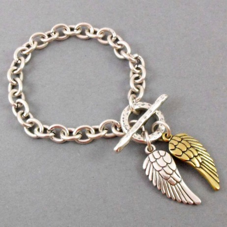 Danon Jewellery Silver Single Chain Bracelet with Silver & Bronze Angel Wings