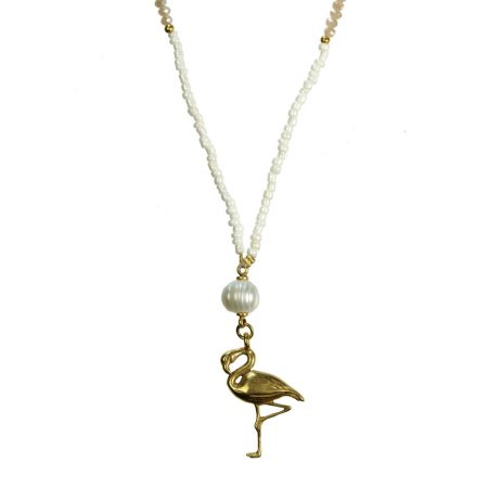 Hultquist Jewellery Flamingo Gold with Freshwater Pearls White and Coral Long Necklace