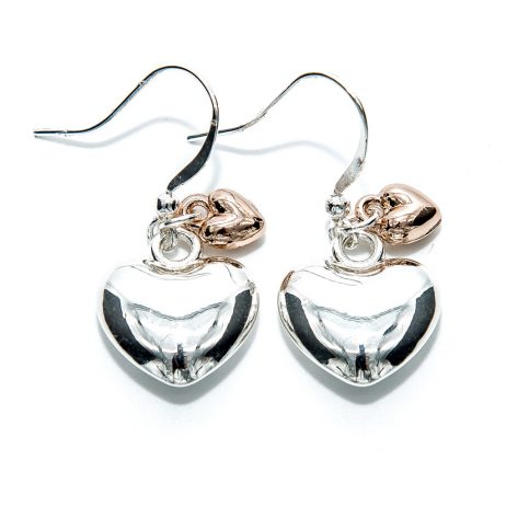 Life Charm Silver and Rose Gold Plated Puffed Heart Hook Earrings