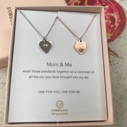 Symbology Mum and Me Silver and Rose Gold Sentiment Pendant Necklaces with Heart