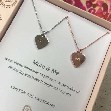Symbology Mum and Me Silver and Rose Gold Sentiment Pendant Necklaces with Heart