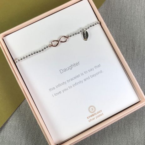 Symbology Daughter Sentiment Bracelet with Infinity Charm Silver and Rose Gold