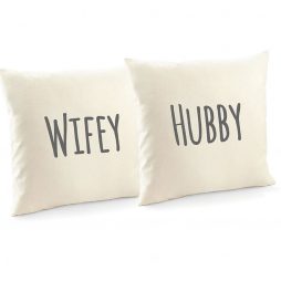 Wifey and Hubby Cotton Cushion Cover and Decorative Throw Pillow Cover - 2 Pack