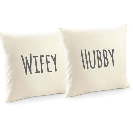 Wifey and Hubby Cotton Cushion Cover and Decorative Throw Pillow Cover - 2 Pack