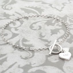 Personalised Initials Sterling Silver Hearts T-Bar Bracelet