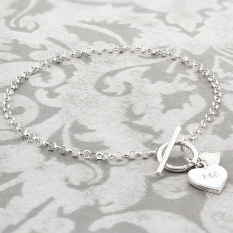 Personalised Initials Sterling Silver Hearts T-Bar Bracelet