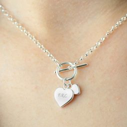 Personalised Initials Sterling Silver Hearts T-Bar Necklace
