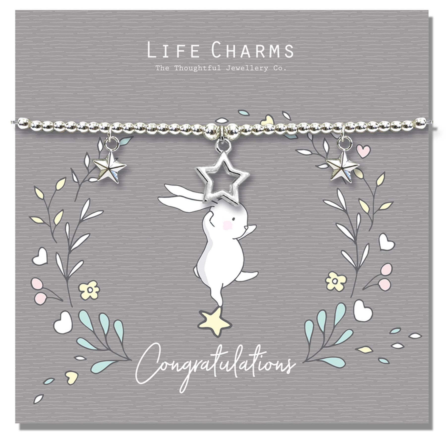 Life Charm Congratulations Rosey Rabbits Silver Star Bracelet RR04