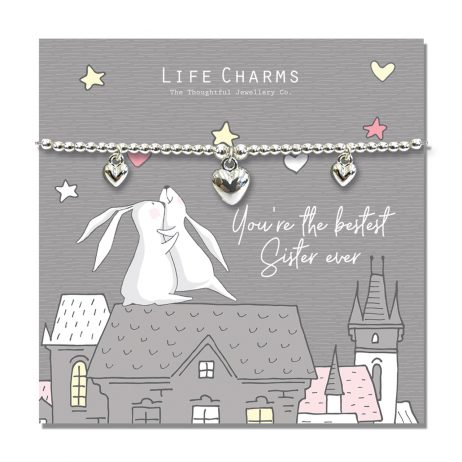 Life Charm Best Sister Ever Rosey Rabbits Silver Hearts Bracelet