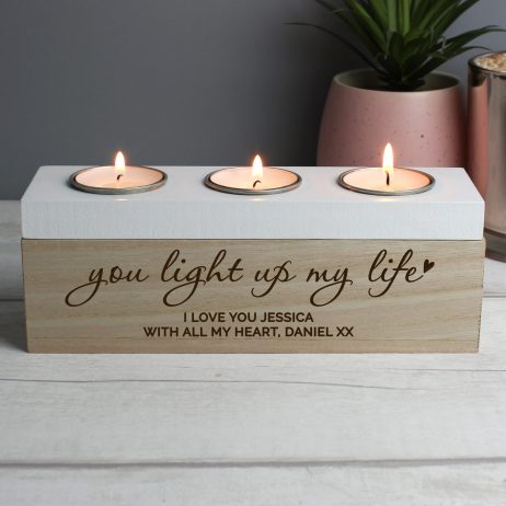 Personalised You Light Up My Life Triple Wooden Tea Light Candle Holder Trinket Box