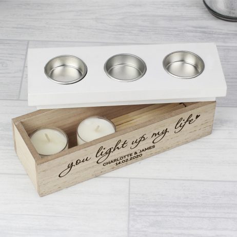 Personalised You Light Up My Life Triple Wooden Tea Light Candle Holder Trinket Box