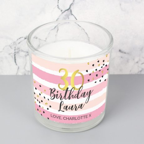 Personalised Birthday Gold and Pink Stripe Scented Jar Candle - Any Age