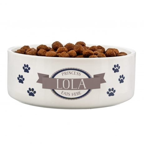 Personalised Blue Paws Any Name and Message Medium White Pet Bowl - Dog or Cat 14cm