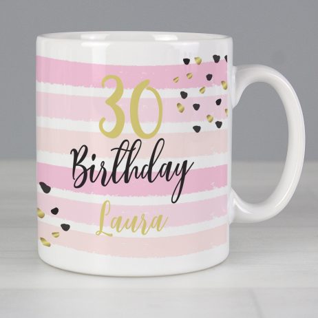 Personalised Birthday Gold and Pink Stripe Mug - Any Age
