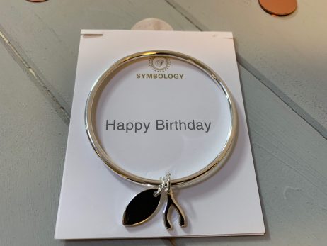 Symbology Happy Birthday Silver Plated Bangle with Wishbone