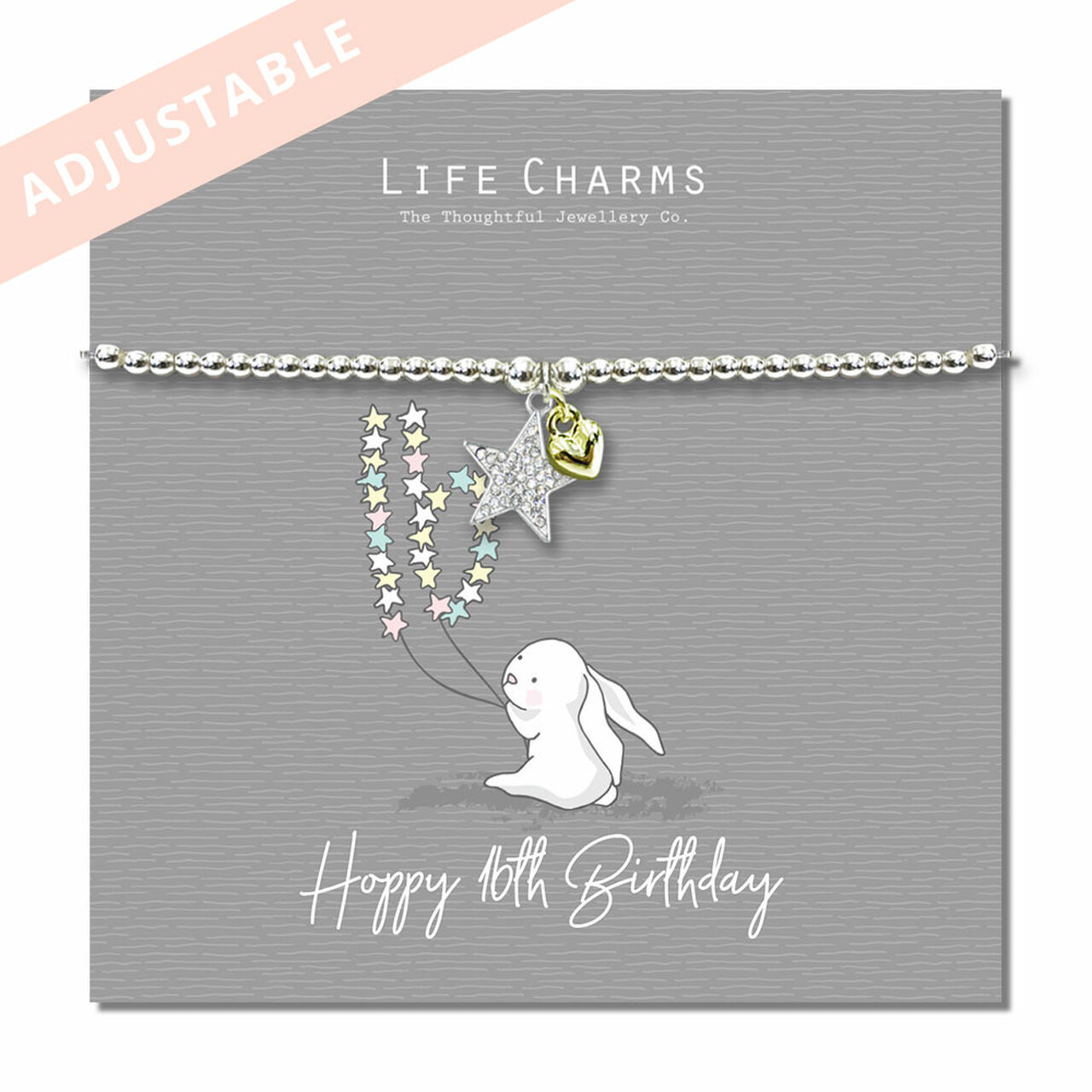 Life Charms Happy 16th Birthday Silver Bracelet - Rosey Rabbits This very cute Rosey rabbits encrusted star and mini gold puffed heart charm bracelet is the perfect gift for that special birthday girl.