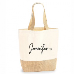 Personalised Jute Bag: Shopping Tote Bag with Name and Heart
