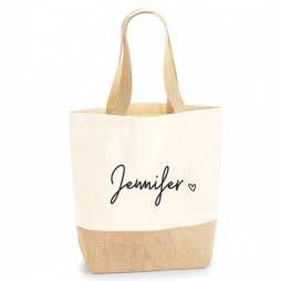 Personalised Tote Jute Bag - Personalised Shopping Bag with Name and Heart