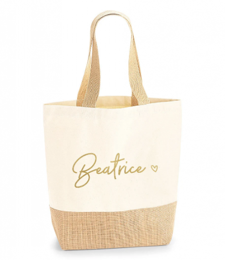 Personalised Jute Bag: Shopping Tote Bag with Name and Heart