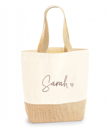 Personalised Jute Bag: Shopping Tote Bag with Name and Heart