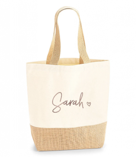 Personalised Tote Jute Bag - Personalised Shopping Bag with Name and Heart