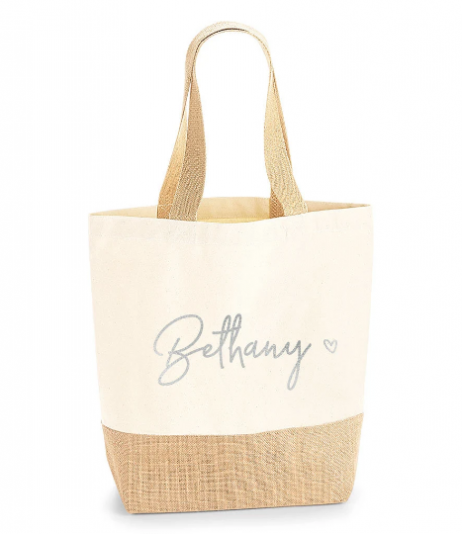 Personalised Jute Bag: Shopping Tote Bag with Name and Heart
