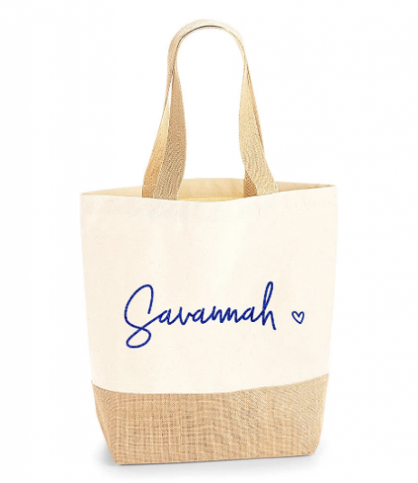 Personalised Jute Bag: Shopping Tote Bag with Name and Heart