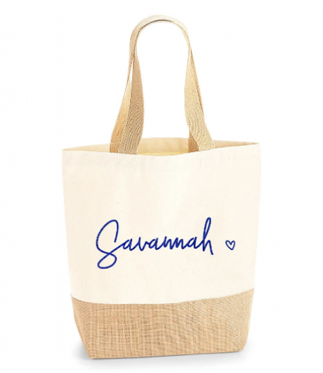 Personalised Tote Jute Bag - Personalised Shopping Bag with Name and Heart