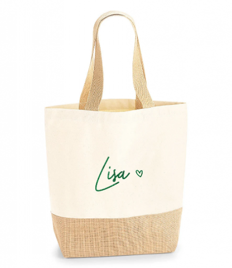 Personalised Jute Bag: Shopping Tote Bag with Name and Heart