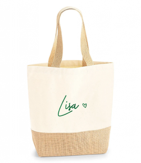 Personalised Tote Jute Bag - Personalised Shopping Bag with Name and Heart