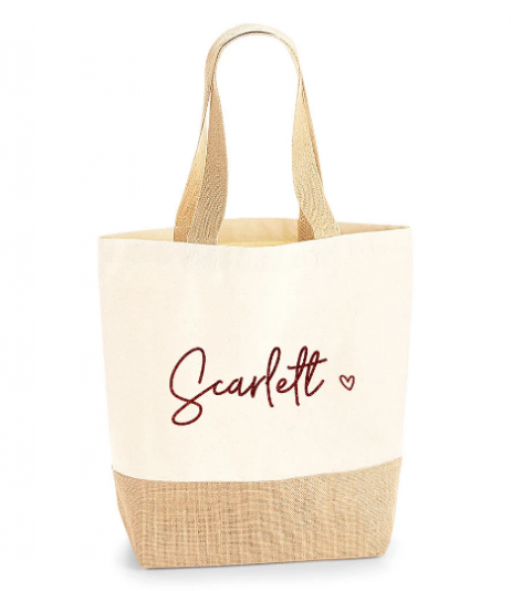 Personalised Tote Jute Bag - Personalised Shopping Bag with Name and Heart