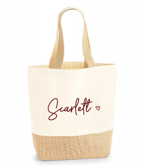 Personalised Jute Bag: Shopping Tote Bag with Name and Heart