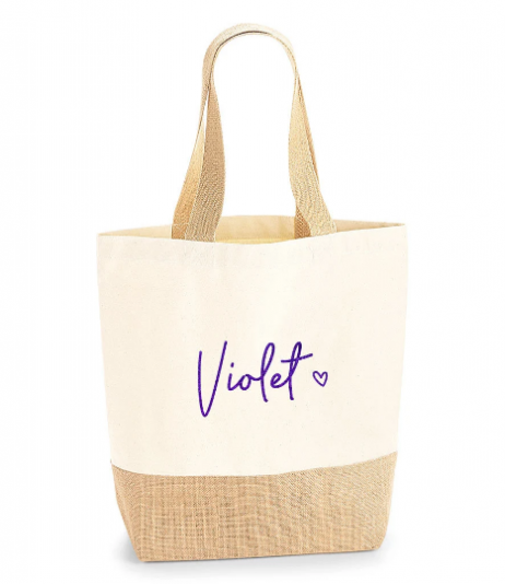Personalised Jute Bag: Shopping Tote Bag with Name and Heart