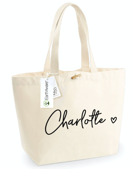 Personalised Large Organic Tote Bag, Personalised Shopping Bag with Name and Heart