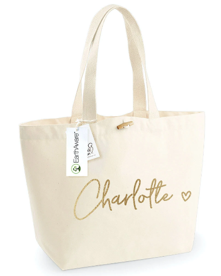 Personalised Large Organic Tote Bag, Personalised Shopping Bag with Name and Heart