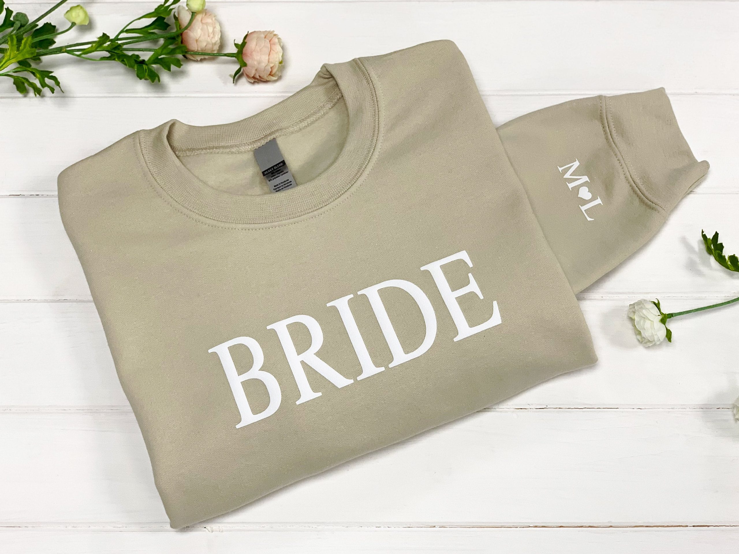 Personalised Bride Sweatshirt with Initial Heart Sleeve Personalised Bride Sweatshirt with Initial Heart Sleeve