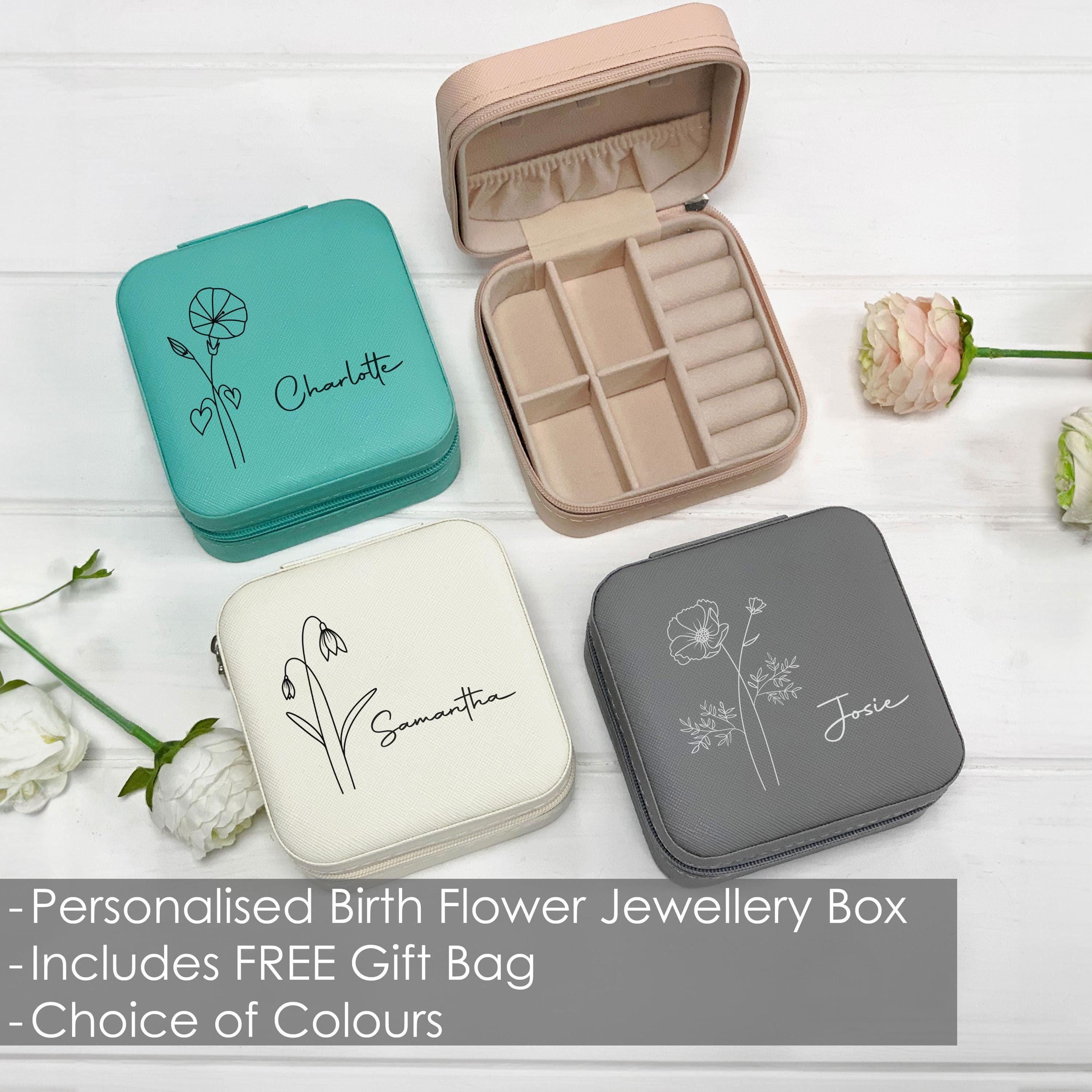 Personalised Travel Jewellery Box with Birth Flower and Name Personalised Travel Jewellery Box with Birth Flower and Name