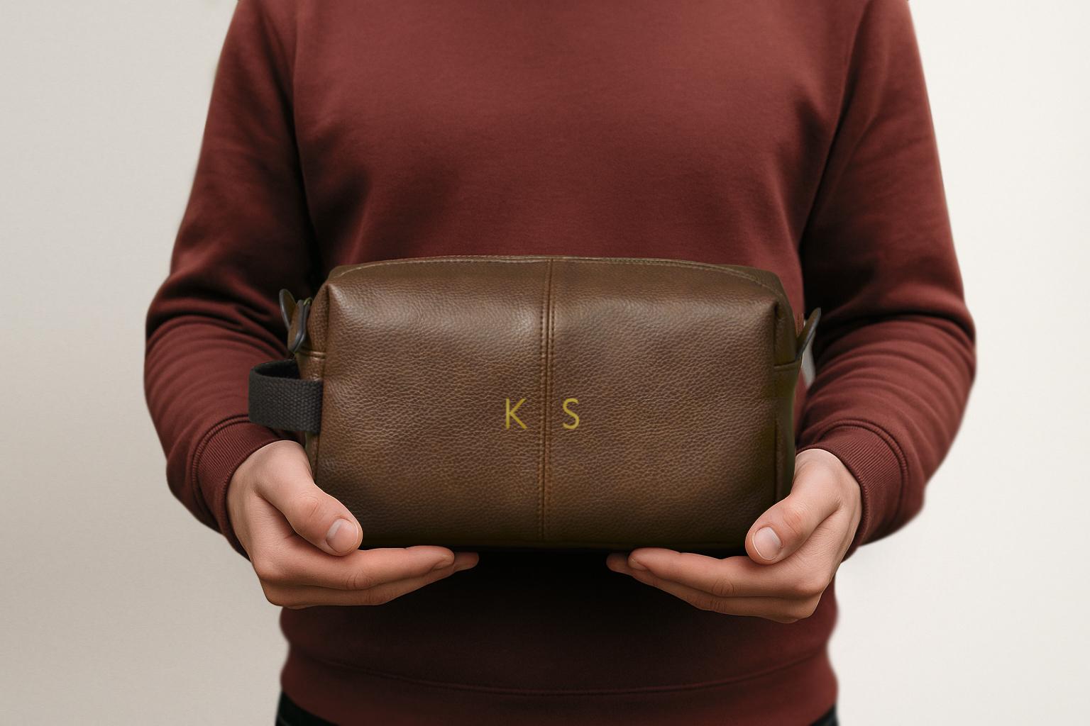 Personalised Mens Vegan Leather Wash Bag with Initials Personalised Mens Vegan Leather Wash Bag with Initials