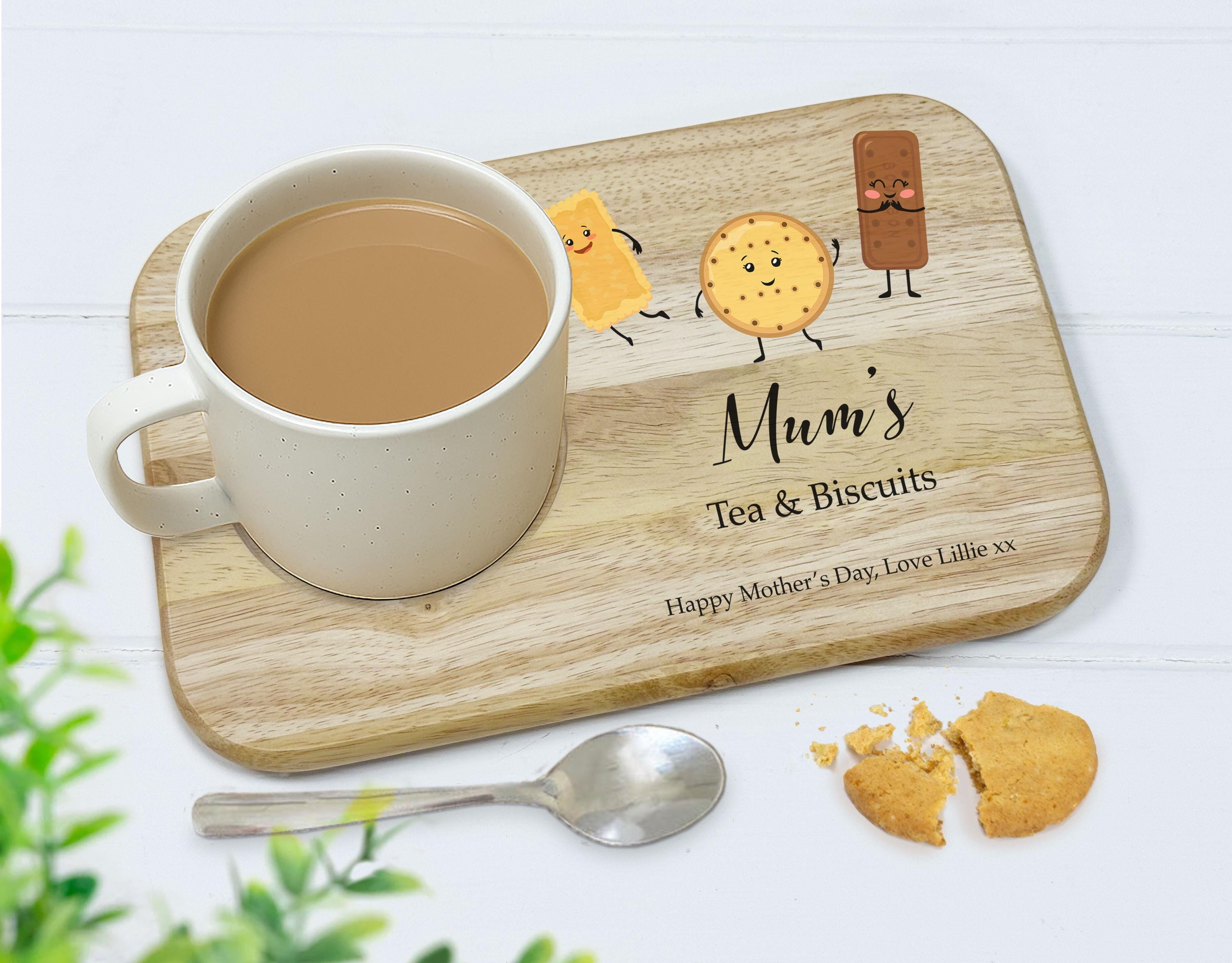 Mum's Tea & Biscuits Tray, Mother's Day Gift for Mum's Birthday Personalised Tea Serving Board, Wooden Drink Tray,