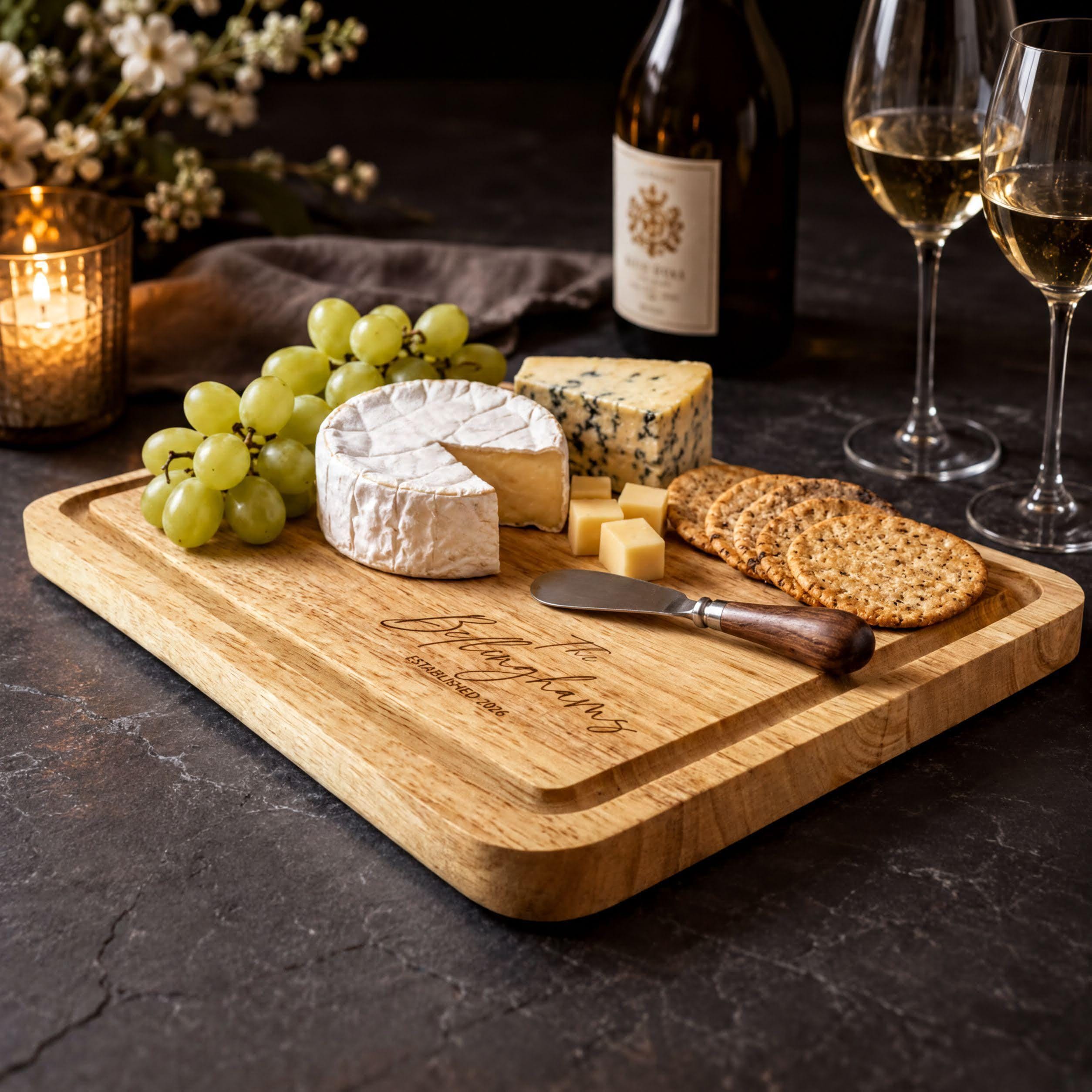 Personalised engraved wooden charcuterie board in natural wood showing a custom surname and established date.