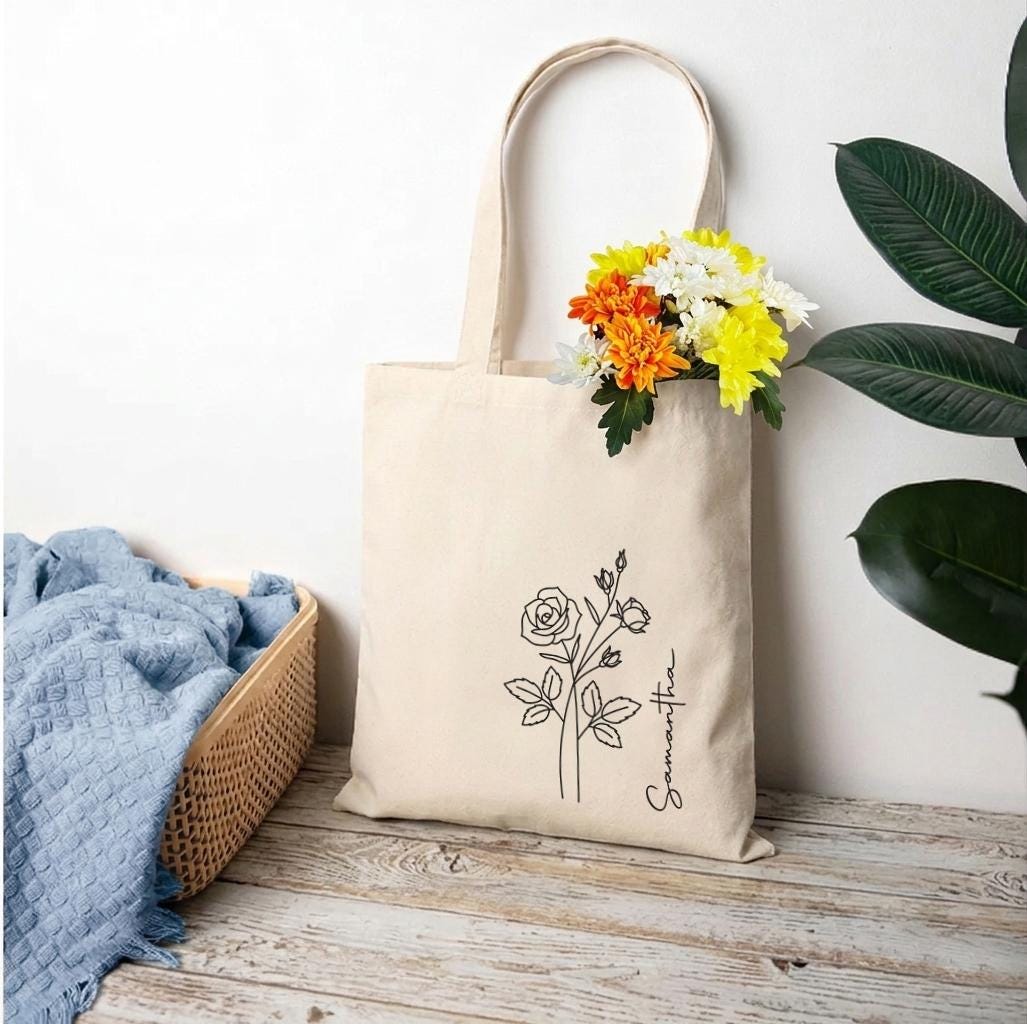 Personalised Birth Flower Tote Bag, Cotton Shopping Bag, Birthday Gift for Her, Custom Floral Tote Bag, Birthday Present for Women Personalised Birth Flower Tote Bag, Cotton Shopping Bag, Birthday Gift for Her, Custom Floral Tote Bag, Birthday Present for Women