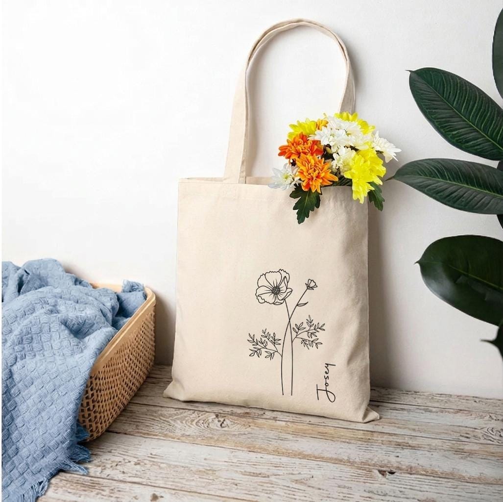 Personalised Birth Flower Tote Bag, Cotton Shopping Bag, Birthday Gift for Her, Custom Floral Tote Bag, Birthday Present for Women Personalised Birth Flower Tote Bag, Cotton Shopping Bag, Birthday Gift for Her, Custom Floral Tote Bag, Birthday Present for Women