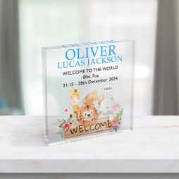 Personalised New Baby Acrylic Block with Jungle Animals