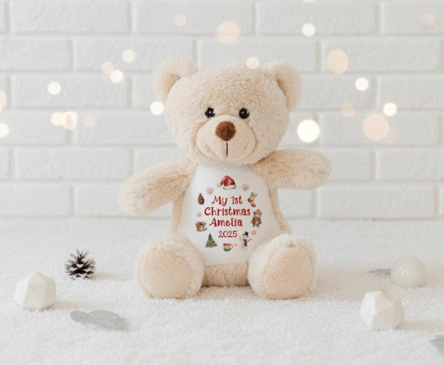Personalised First Christmas Teddy Bear, Baby Christmas Gift, Large Soft Toy Teddy, Custom Cuddly Toy, Baby Stocking Filler, Small Teddy