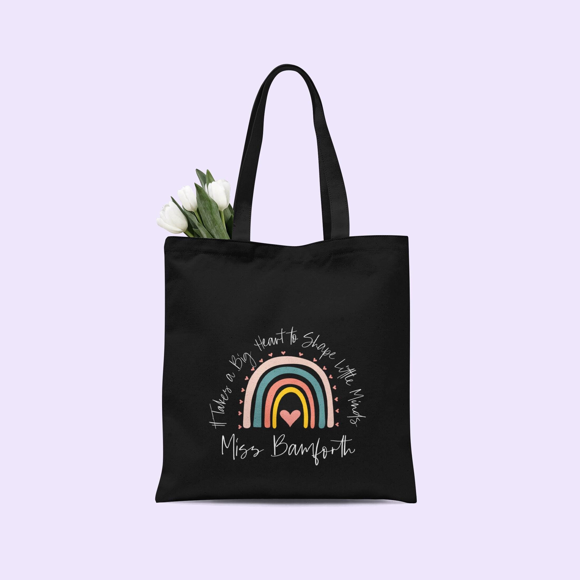 Personalized Teacher Tote Bag - "It Takes a Big Heart" Design - Teacher Thank You Gift, 8 Colors, Custom Name, Sentimental Appreciation Gift