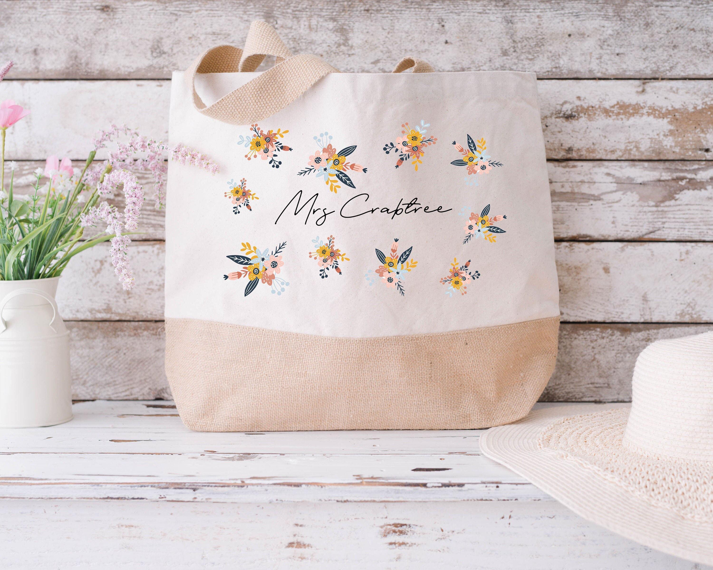 Personalised Teacher Tote Bag with Name and Floral Print Personalised Teacher Tote Bag with Name and Floral Print