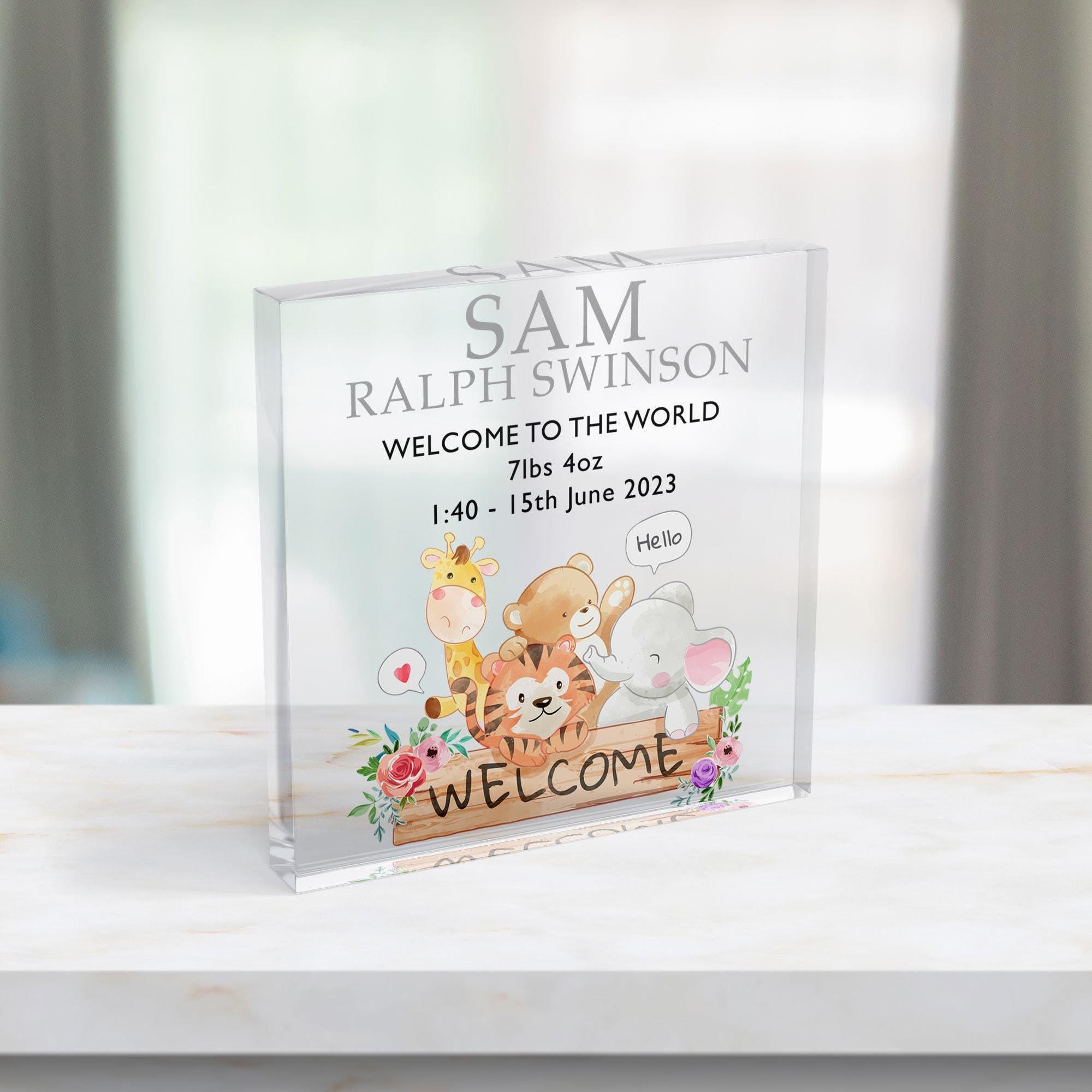 Personalised New Baby Acrylic Block with Jungle Animals Personalised New Baby Acrylic Block with Jungle Animals