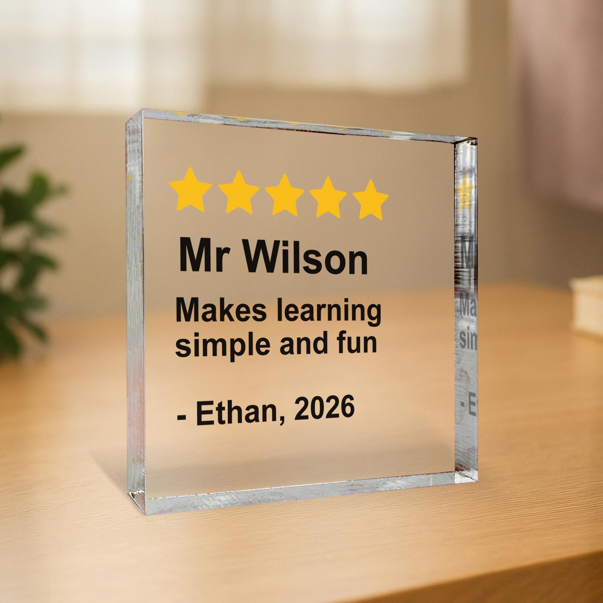 Funny Teacher Gift Acrylic Block Personalised with 5-Star Review (End of Term Gift)
