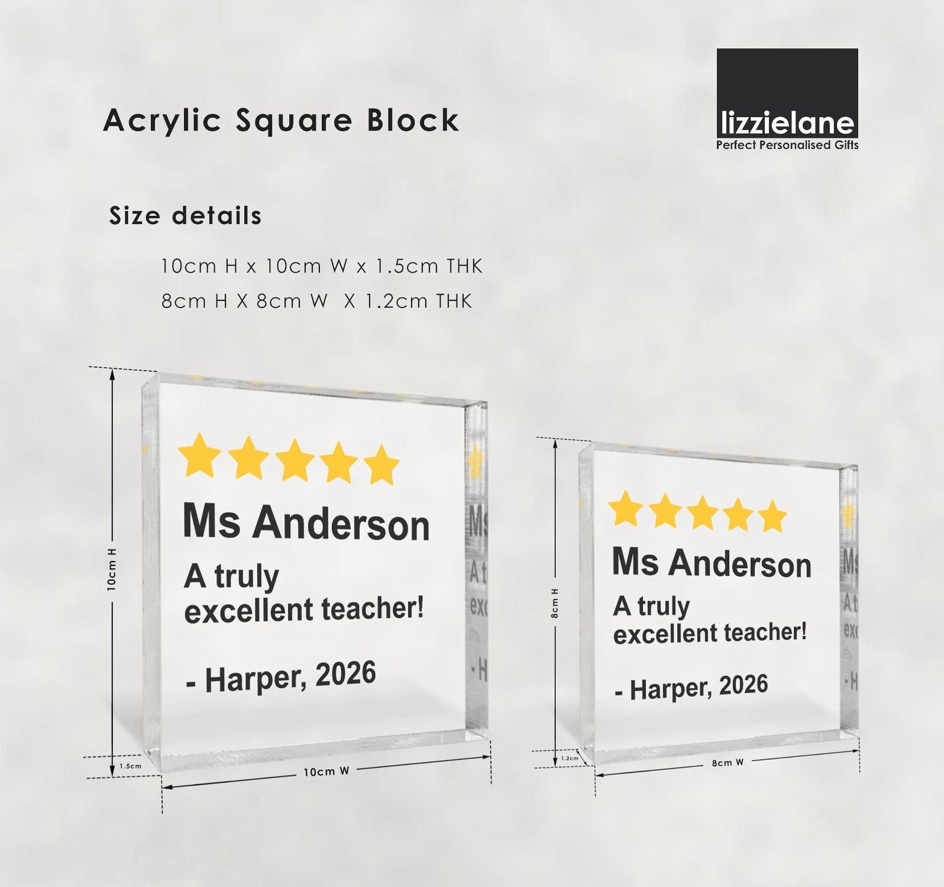 Personalised Teacher 5 Star Review Acrylic Block Personalised Teacher 5 Star Review Acrylic Block