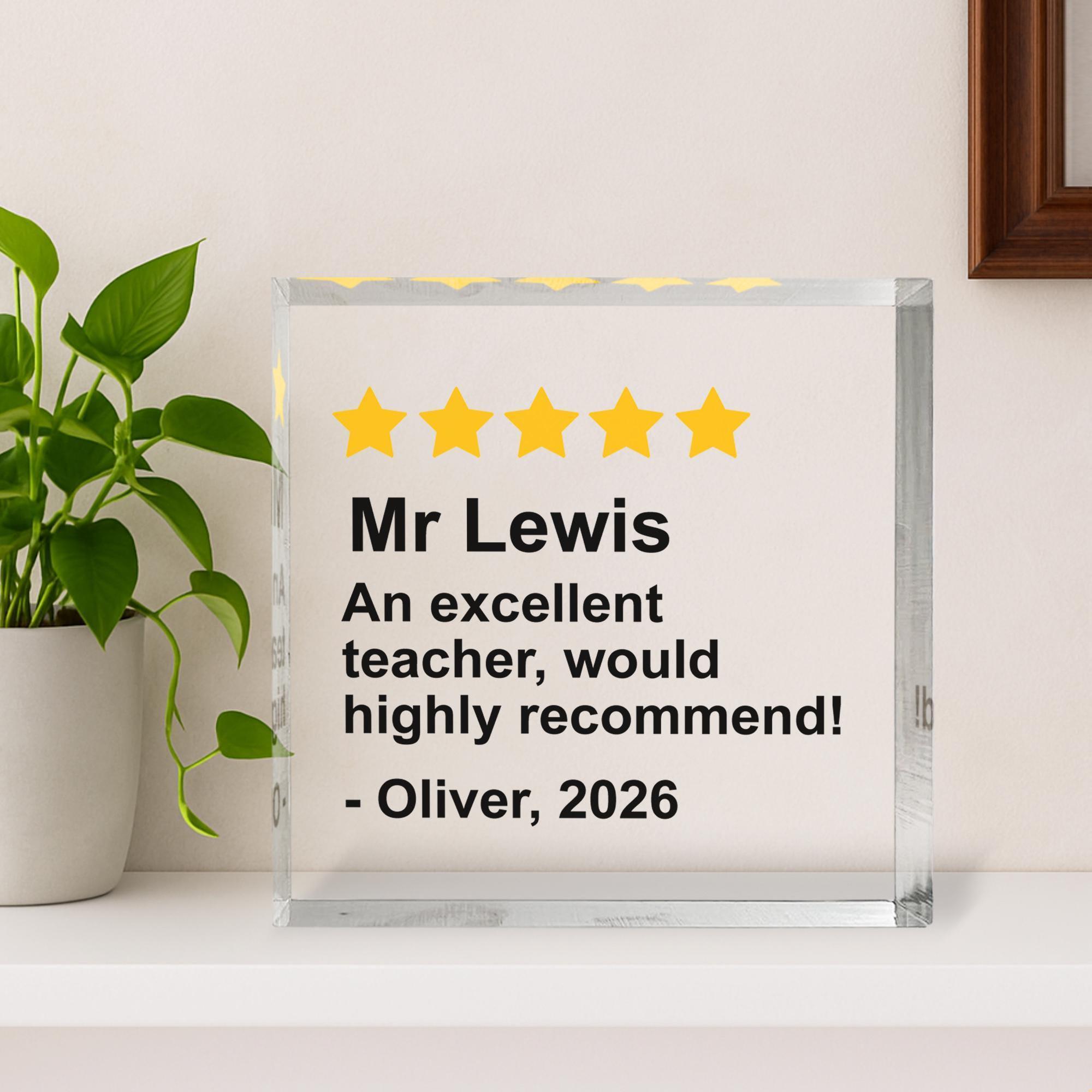 Personalised Teacher 5 Star Review Acrylic Block Personalised Teacher 5 Star Review Acrylic Block